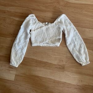 American Eagle Cream White Size XS Lace Ruched Crop Top Long Sleeve Floral